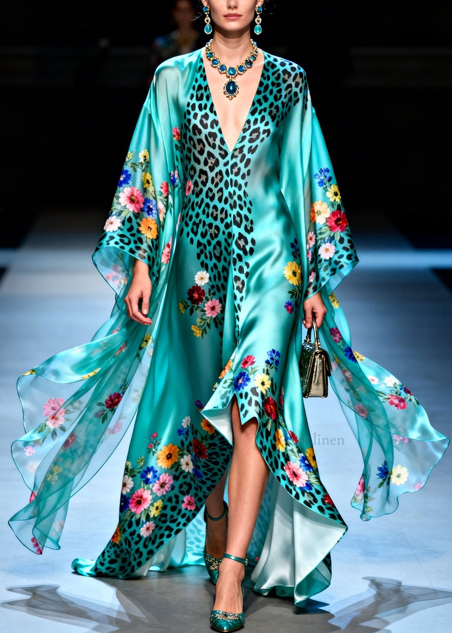 Style V Neck Asymmetrical Design Leopard Floral Silk Dress Summer