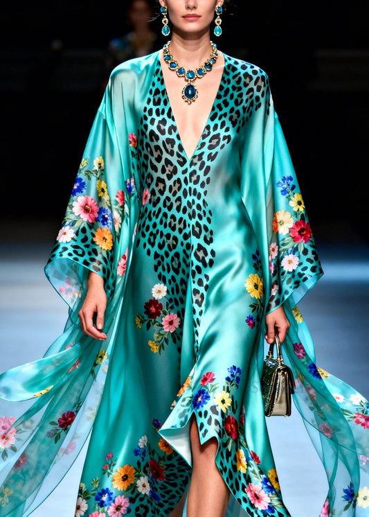 Style V Neck Asymmetrical Design Leopard Floral Silk Dress Summer