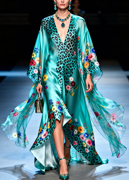 Style V Neck Asymmetrical Design Leopard Floral Silk Dress Summer