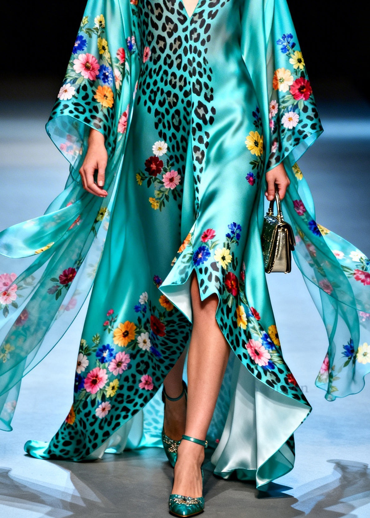 Style V Neck Asymmetrical Design Leopard Floral Silk Dress Summer