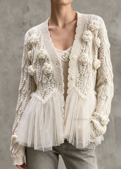 Style V Neck Floral Tulle Patchwork Knit Two Pieces Set Fall