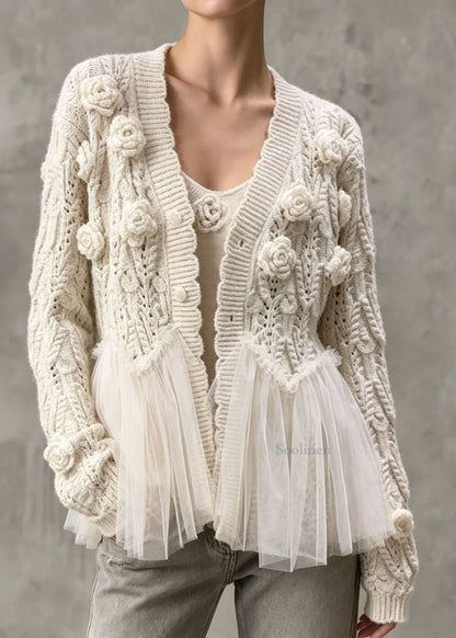 Style V Neck Floral Tulle Patchwork Knit Two Pieces Set Fall