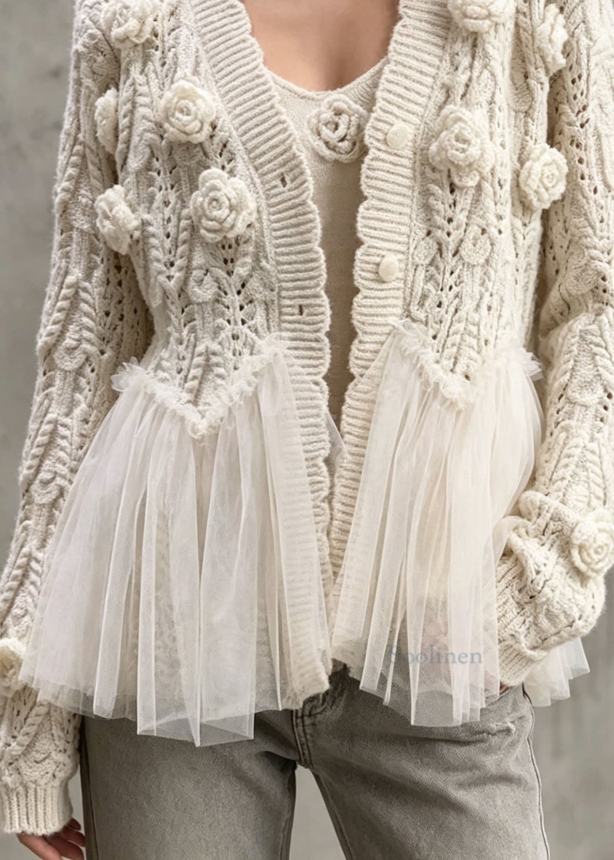 Style V Neck Floral Tulle Patchwork Knit Two Pieces Set Fall