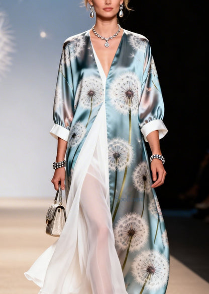 Style V Neck Print False Two Pieces Patchwork Silk Dresses Summer