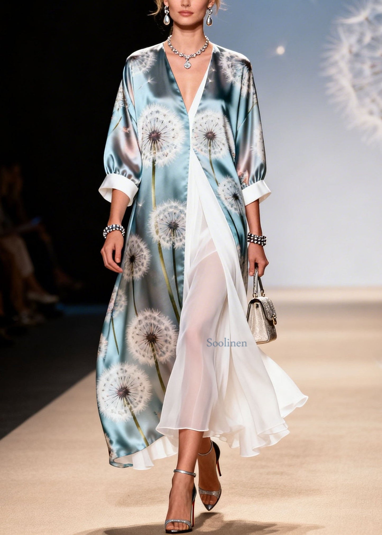 Style V Neck Print False Two Pieces Patchwork Silk Dresses Summer