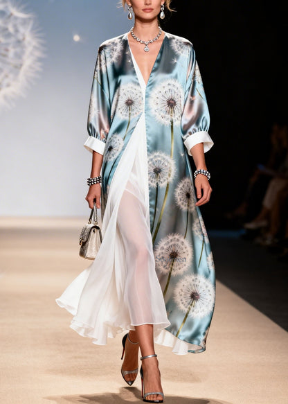 Style V Neck Print False Two Pieces Patchwork Silk Dresses Summer