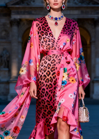 Style V Neck Ruffled Print Patchwork Silk Maxi Dresses Summer