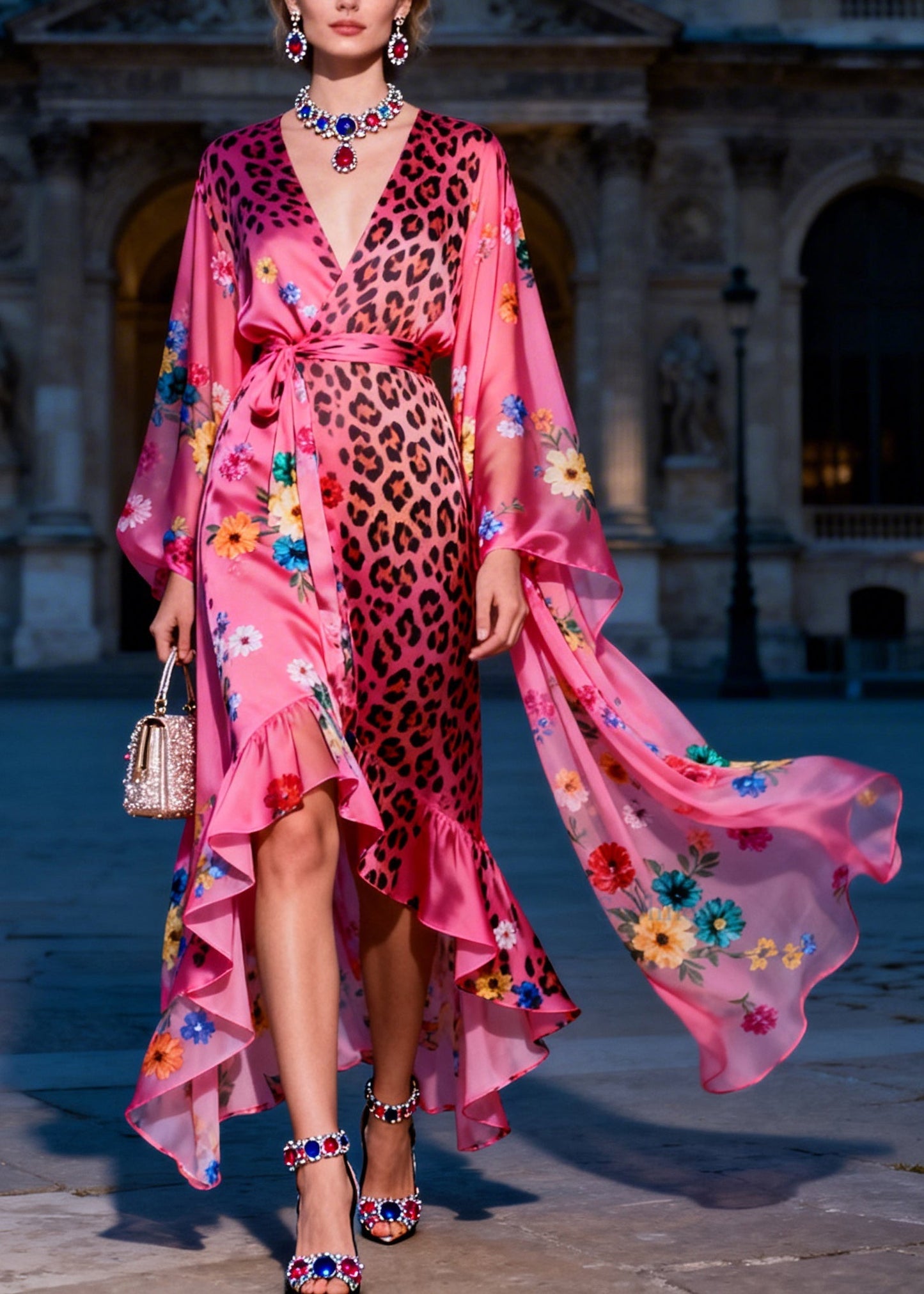 Style V Neck Ruffled Print Patchwork Silk Maxi Dresses Summer