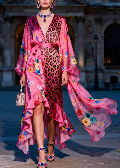 Style V Neck Ruffled Print Patchwork Silk Maxi Dresses Summer