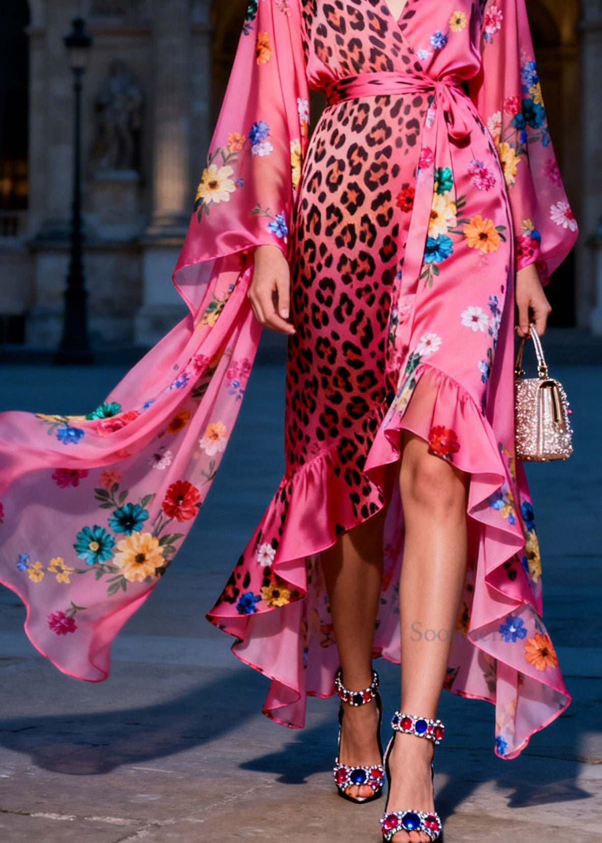 Style V Neck Ruffled Print Patchwork Silk Maxi Dresses Summer