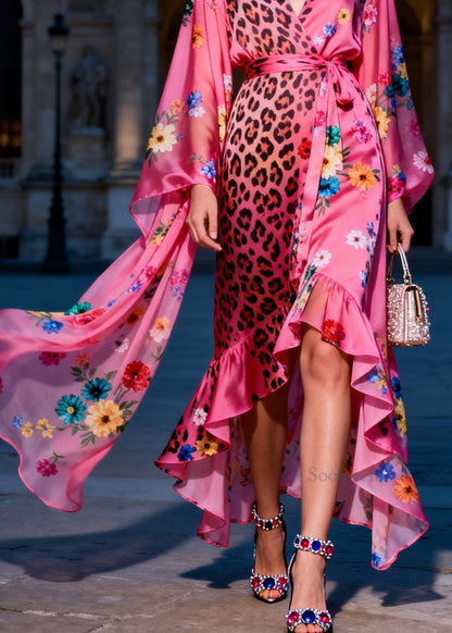 Style V Neck Ruffled Print Patchwork Silk Maxi Dresses Summer