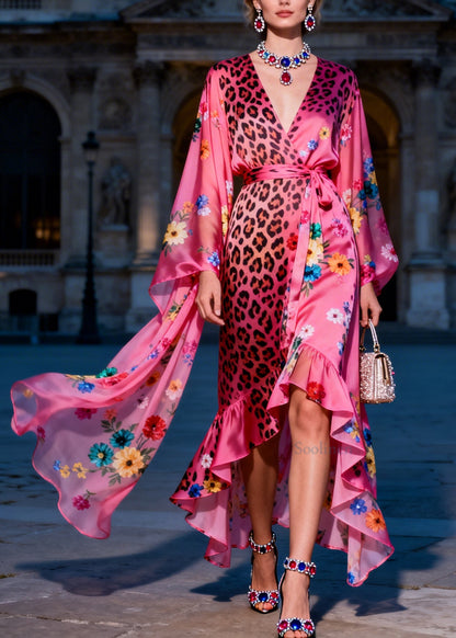 Style V Neck Ruffled Print Patchwork Silk Maxi Dresses Summer