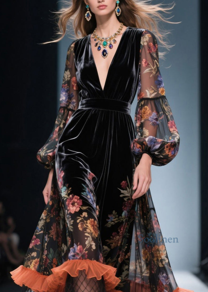 Vestidos de terciopelo con cuello en V, estampados, volantes y patchwork para primavera