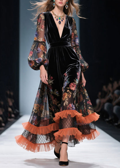 Vestidos de terciopelo con cuello en V, estampados, volantes y patchwork para primavera