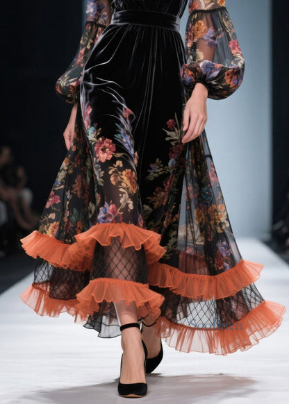 Vestidos de terciopelo con cuello en V, estampados, volantes y patchwork para primavera