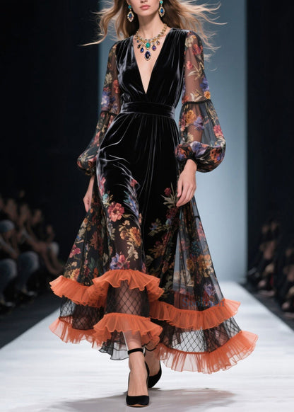 Vestidos de terciopelo con cuello en V, estampados, volantes y patchwork para primavera