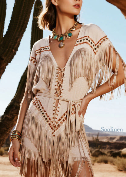 Style V Neck Tassel Patchwork Cotton Mini Dress Dress Summer