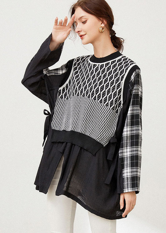 Stil Weiß Cinched Plaid Patchwork Strick Shirt Frühling