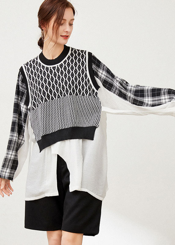 Stil Weiß Cinched Plaid Patchwork Strick Shirt Frühling