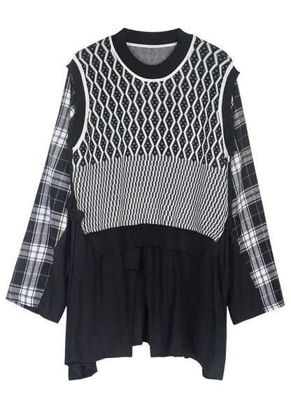 Stil Weiß Cinched Plaid Patchwork Strick Shirt Frühling