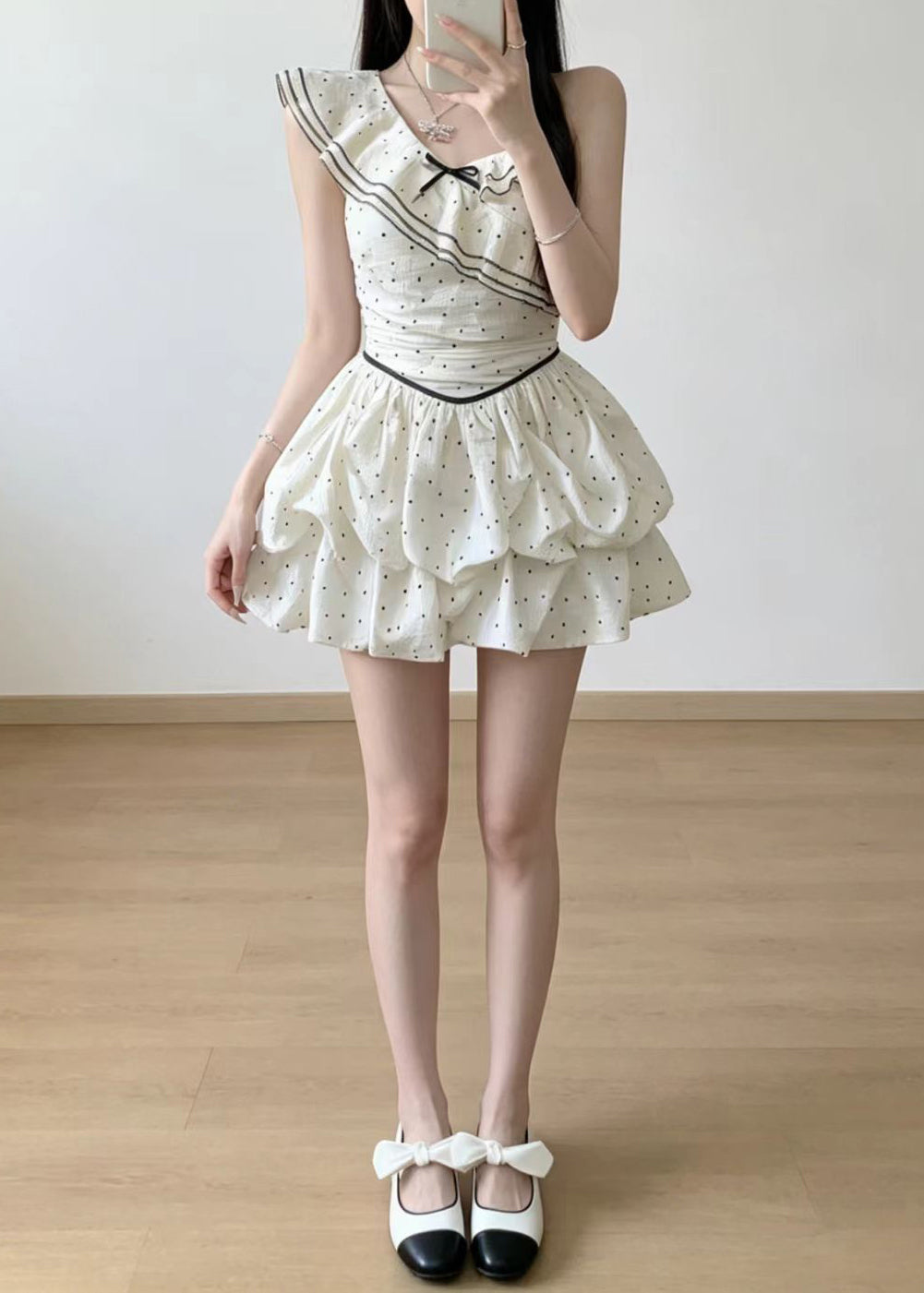 Style White Dot Turtle Neck Chiffon Mini Dress Sleeveless