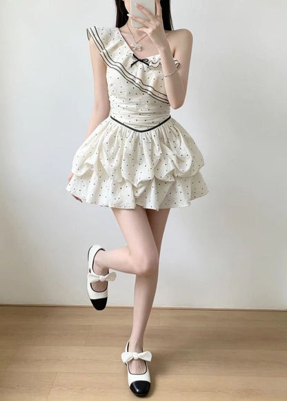 Style White Dot Turtle Neck Chiffon Mini Dress Sleeveless