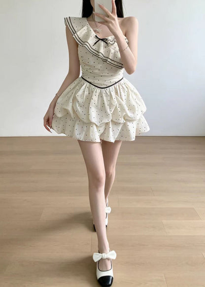 Style White Dot Turtle Neck Chiffon Mini Dress Sleeveless