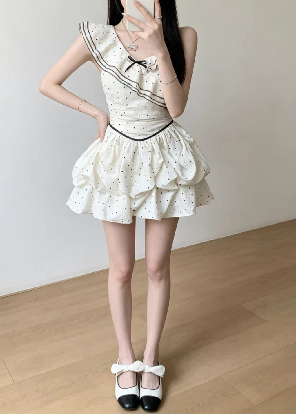 Style White Dot Turtle Neck Chiffon Mini Dress Sleeveless