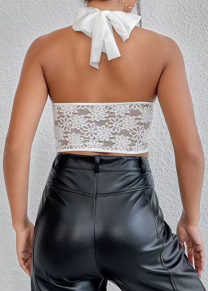 Style White Halter Patchwork Lace Tanks Summer