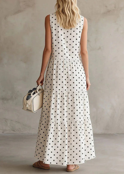 Style White O-Neck Dot Patchwork Maxi Dress Summer