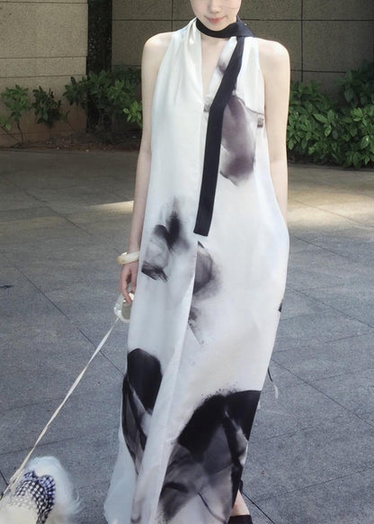 Vestido halter de gasa con efecto tie dye blanco extragrande sin mangas