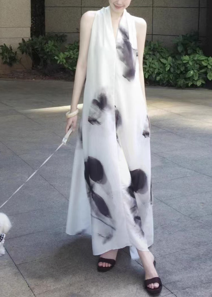 Vestido halter de gasa con efecto tie dye blanco extragrande sin mangas