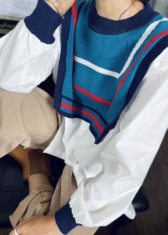 Style White Patchwork Knit Button Fall Tops Long sleeve - SooLinen