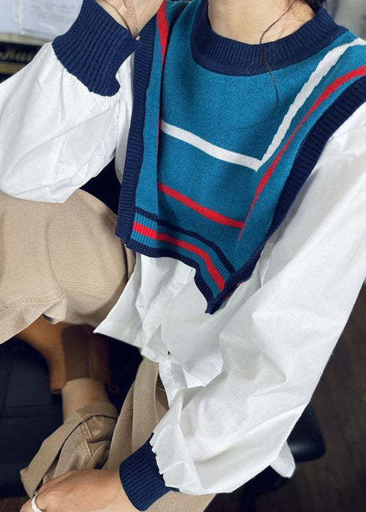 Style White Patchwork Knit Button Fall Tops Long sleeve - SooLinen