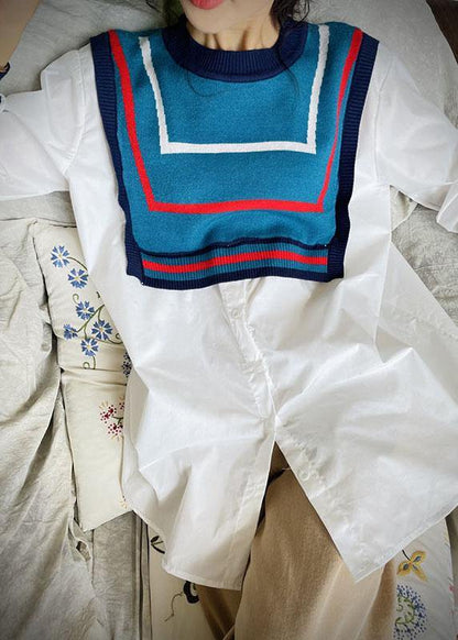 Style White Patchwork Knit Button Fall Tops Long sleeve - SooLinen