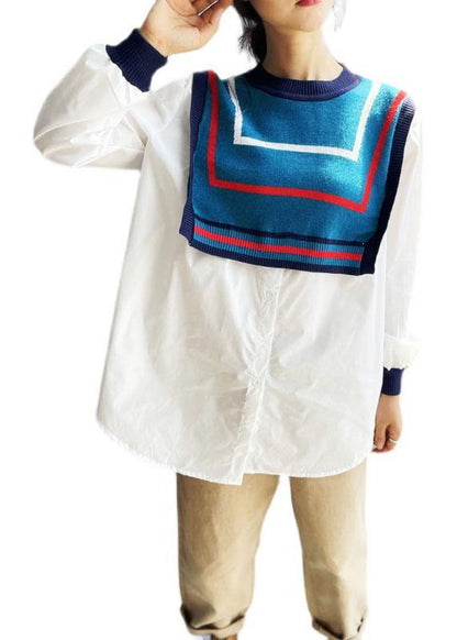 Style White Patchwork Knit Button Fall Tops Long sleeve - SooLinen