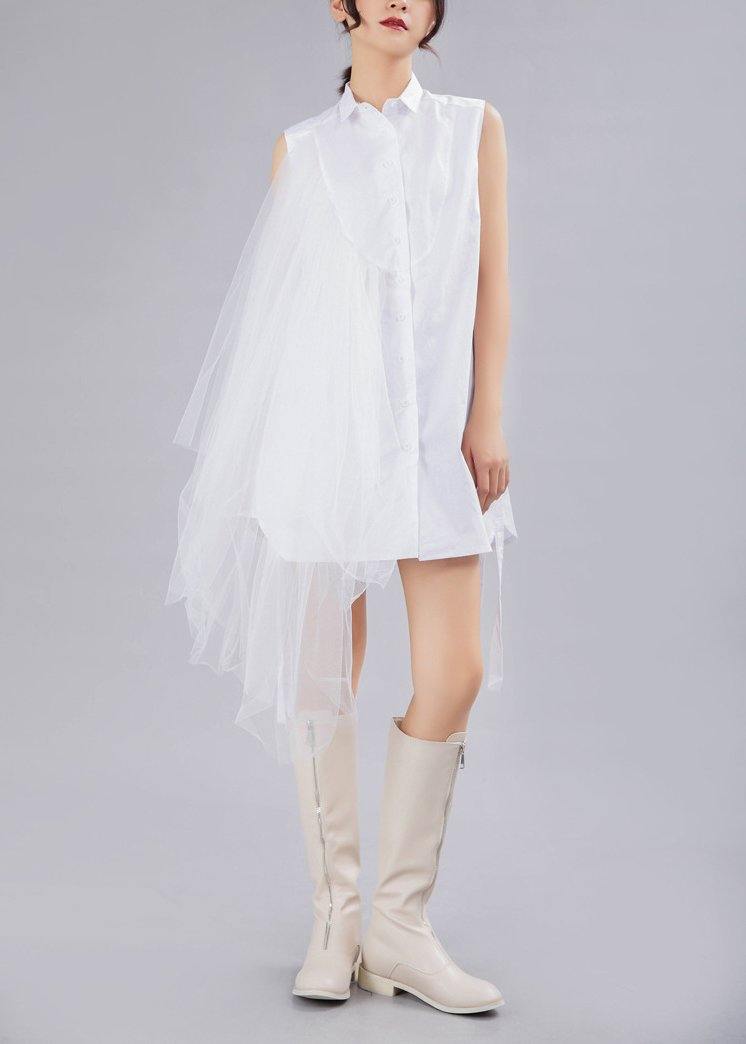 Style White Patchwork Lace asymmetrical design Cotton Shirt - SooLinen