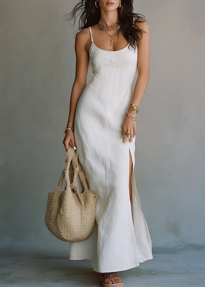 Style White Patchwork Side Open Long Spaghetti Strap Dress Summer