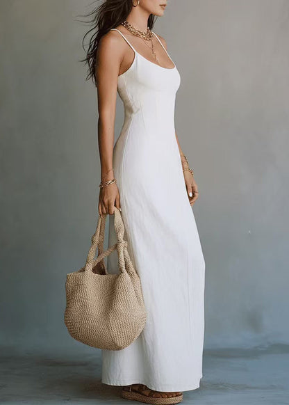 Style White Patchwork Side Open Long Spaghetti Strap Dress Summer