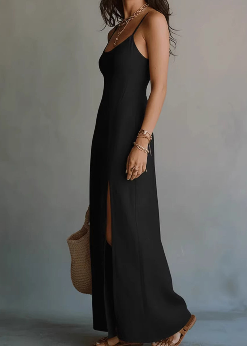 Style White Patchwork Side Open Long Spaghetti Strap Dress Summer