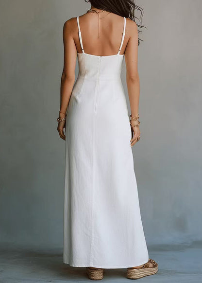 Style White Patchwork Side Open Long Spaghetti Strap Dress Summer