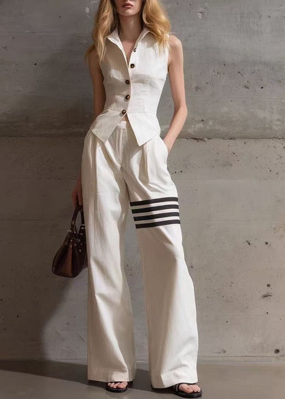 Style White Peter Pan Collar Striped Cotton Two Pieces Set Summer