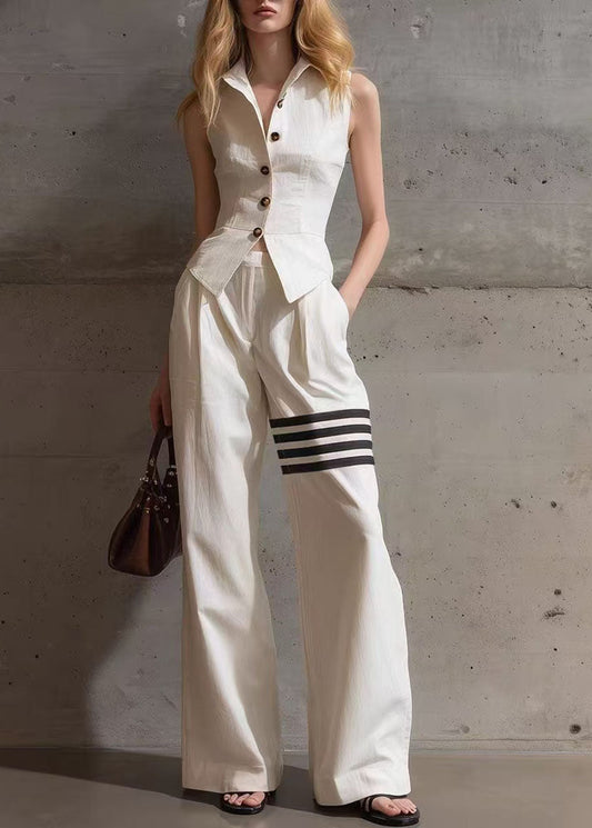 Style White Peter Pan Collar Striped Cotton Two Pieces Set Summer