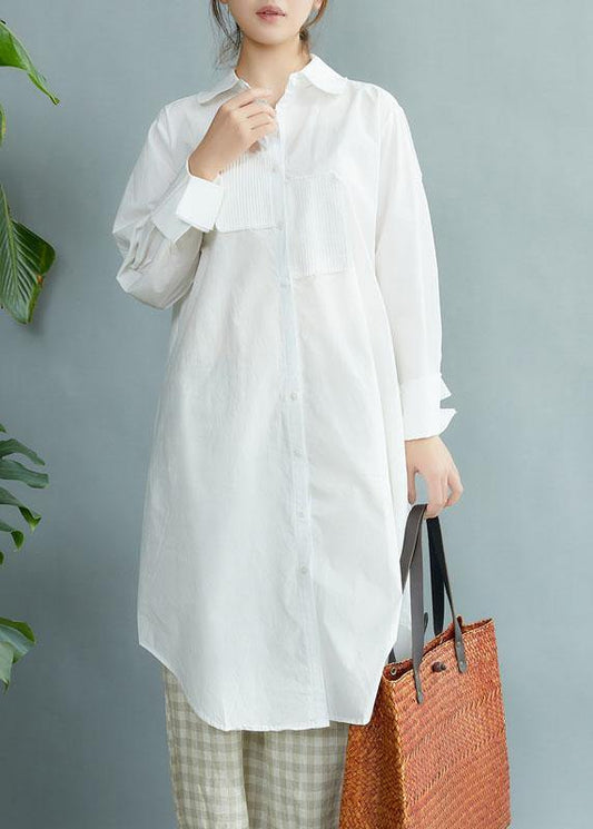Style White PeterPan Collar Pockets Button Fall Asymmetrical Design Shirt Tops Long Sleeve - SooLinen