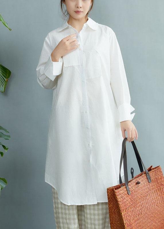 Style White PeterPan Collar Pockets Button Fall Asymmetrical Design Shirt Tops Long Sleeve - SooLinen