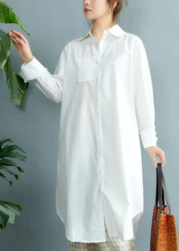Style White PeterPan Collar Pockets Button Fall Asymmetrical Design Shirt Tops Long Sleeve - SooLinen