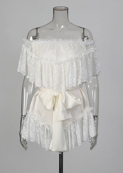 Style White Slash Neck Patchwork Lace Mini Dresses Summer