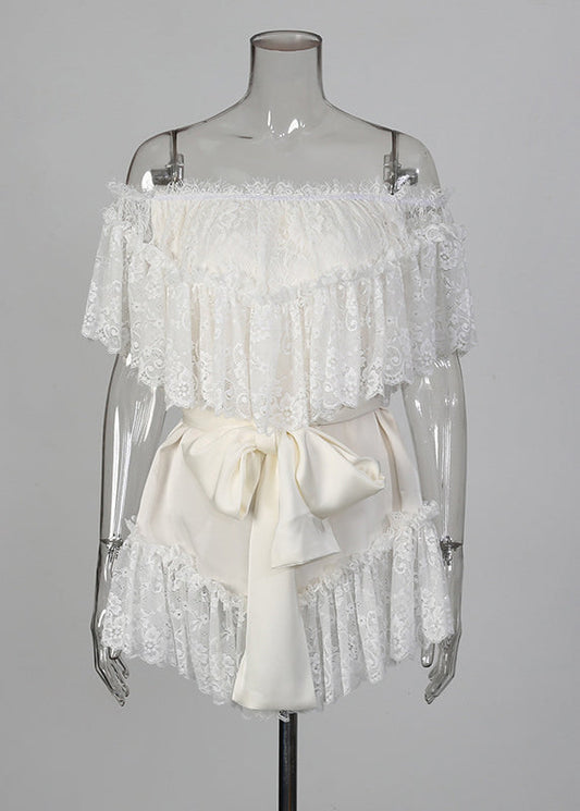 Style White Slash Neck Patchwork Lace Mini Dresses Summer