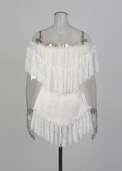 Style White Slash Neck Patchwork Lace Mini Dresses Summer