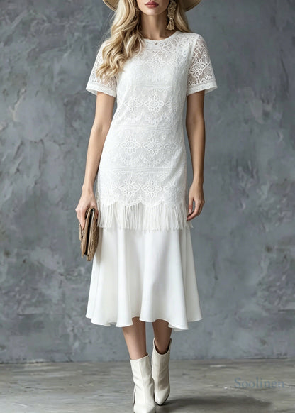 Style White Tasseled Patchwork Lace Maxi Dress Summer